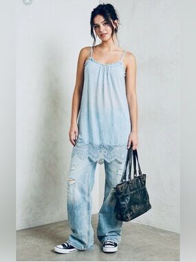 Joe's Jeans Y2K Sheer Mesh Lace Trim Slip Chemise Top Nightie Polka Dot Blue M